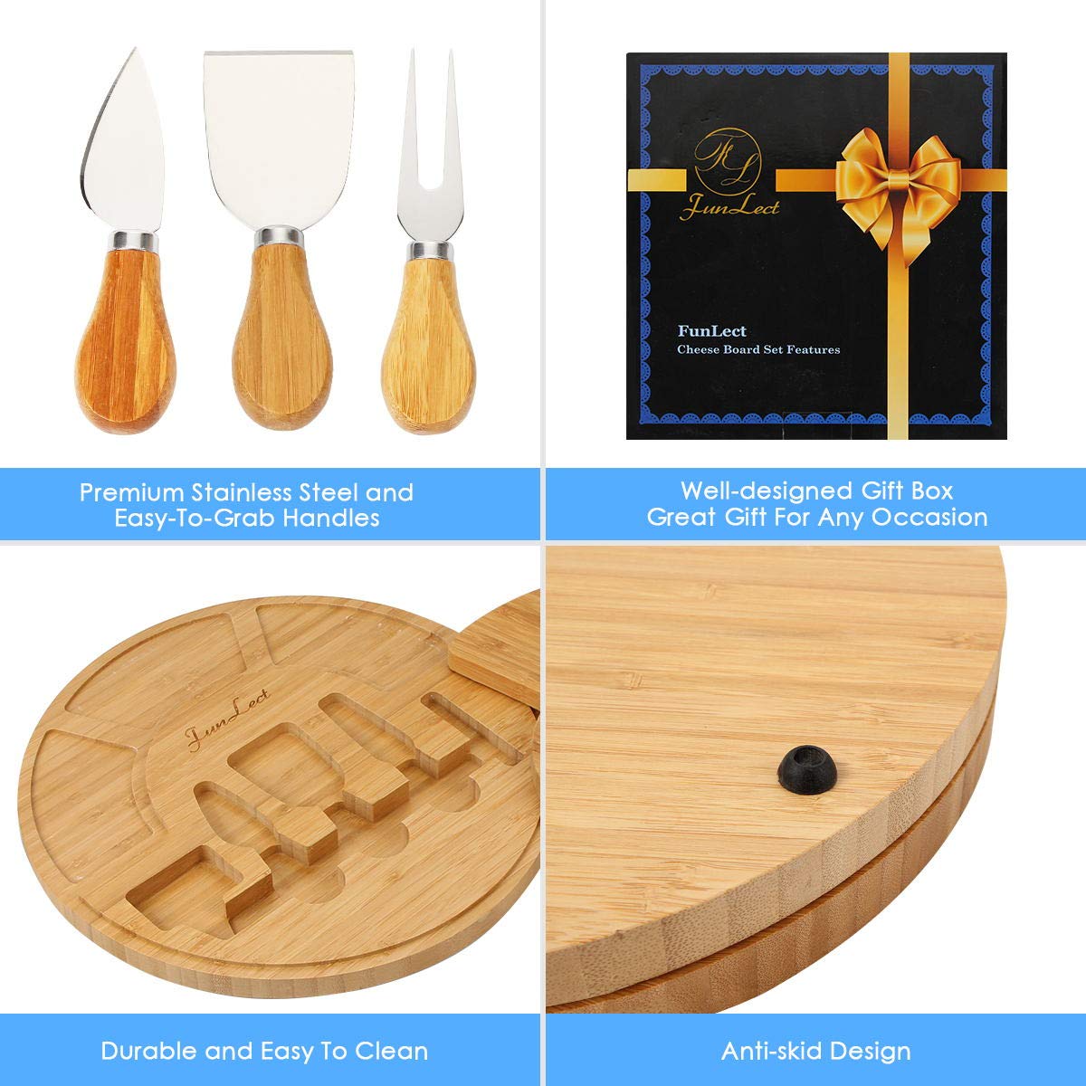 Bamboo Cheese Board Set–Serving Tray and Cheese Serving Platter Round Cheese Board and Knife Set for Cracker and Brie Large Charcuterie Board Set and Cheese Tray for Housewarming Gift-Round