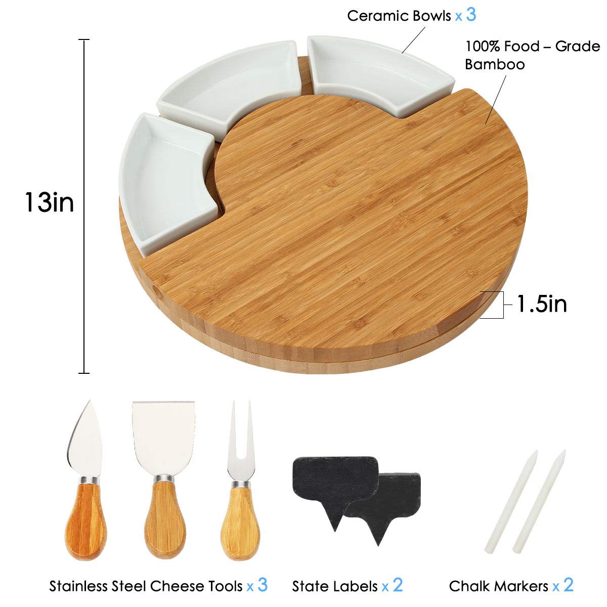 Bamboo Cheese Board Set–Serving Tray and Cheese Serving Platter Round Cheese Board and Knife Set for Cracker and Brie Large Charcuterie Board Set and Cheese Tray for Housewarming Gift-Round