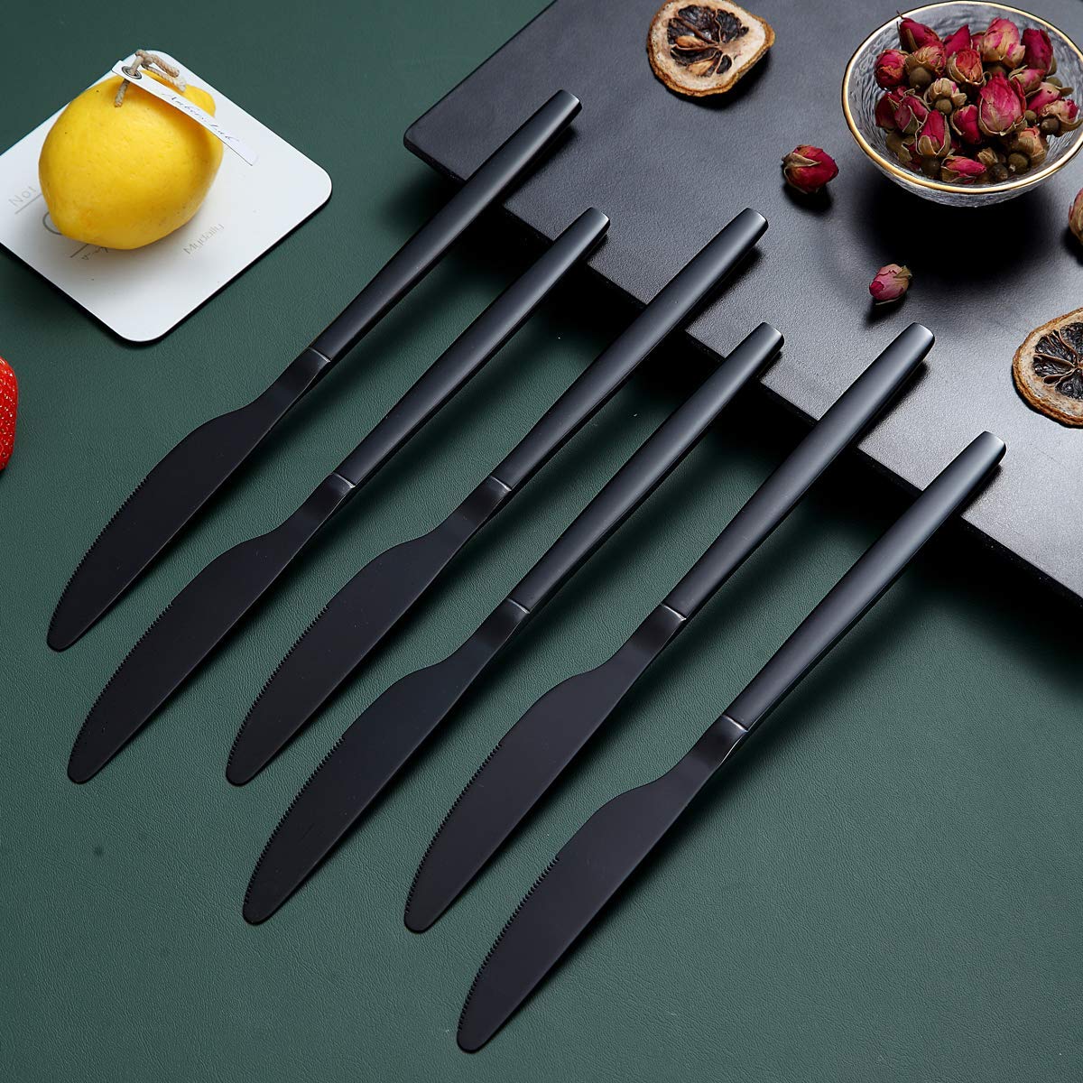 Berglander Black Dinner Knives Set Of 12, Titanium Shiny Black Plating Stainless Steel Dinner Knife, Butter Knife Table Knives Dishwasher Safe