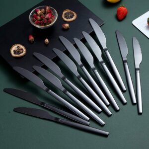 Berglander Black Dinner Knives Set Of 12, Titanium Shiny Black Plating Stainless Steel Dinner Knife, Butter Knife Table Knives Dishwasher Safe