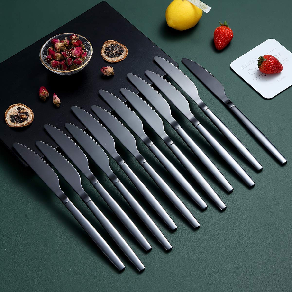 Berglander Black Dinner Knives Set Of 12, Titanium Shiny Black Plating Stainless Steel Dinner Knife, Butter Knife Table Knives Dishwasher Safe
