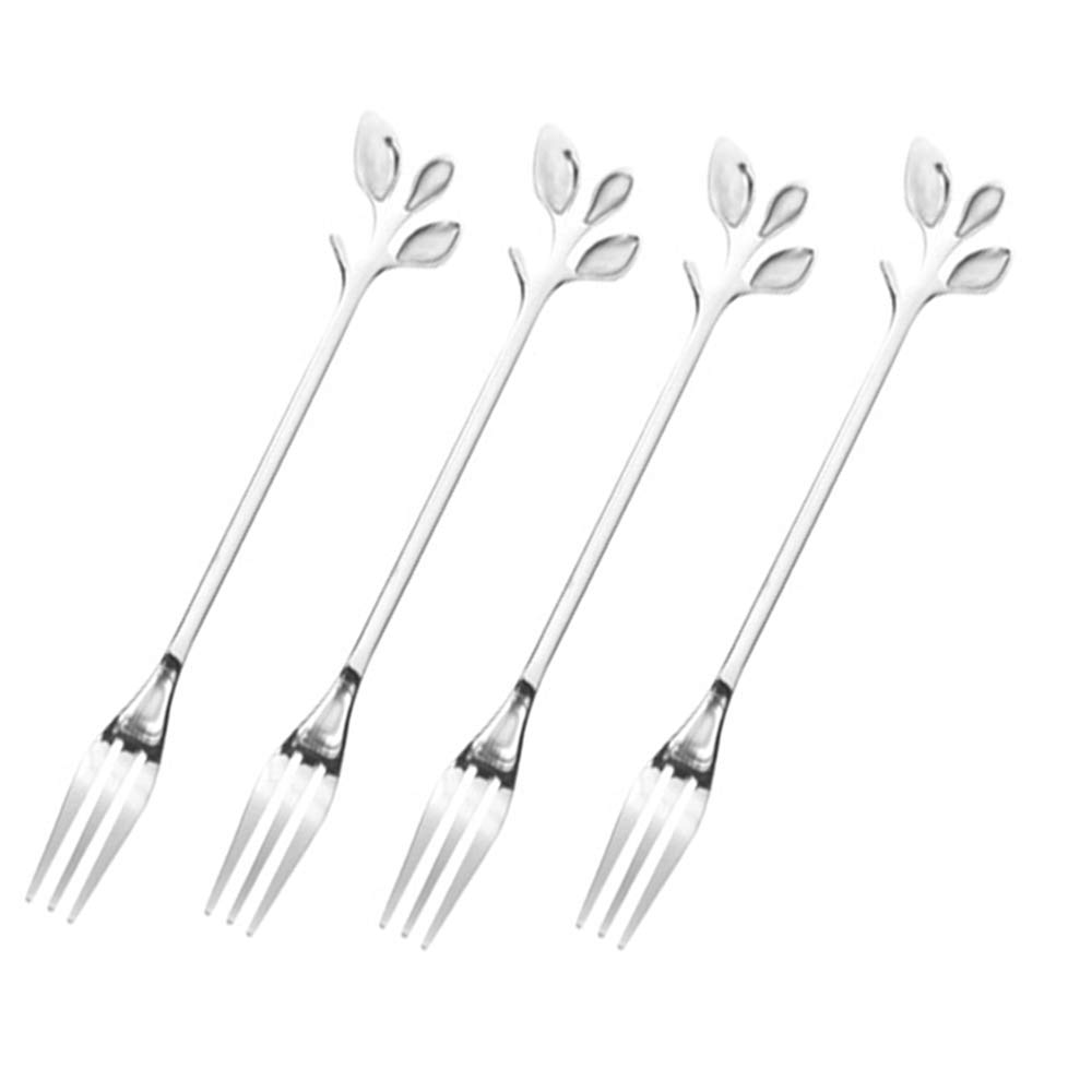 Turbokey Fruit Forks Cocktail Sticks Set of 4, Stainless Steel 4.7 Inches Mini Salad Forks Appetizer Cake Dessert Forks Party Supplies (4 Forks-Silver)