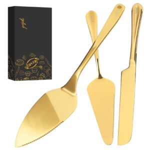 yojob wedding cake knife and server set, simple style cake cutting set, pastry pie server for wedding, birthday, parties, events (gold)
