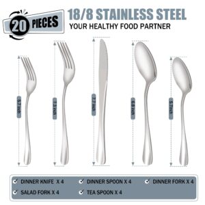 Ansukow 20 Piece Silverware Set for 4, 18/8 Stainless Steel Flatware Cutlery Set for Home Kitchen, Knives Forks Spoons Set, Mirror Polished, Dishwasher Safe