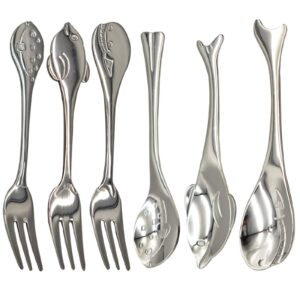 maydahui 6pcs cute coffee spoons fish shape spoon and fork 5.1 inch 18/10（304）stainless steel dolphin whale puffer teaspoon dessert ice-cream spork fruit forks design for home kitchen restaurant