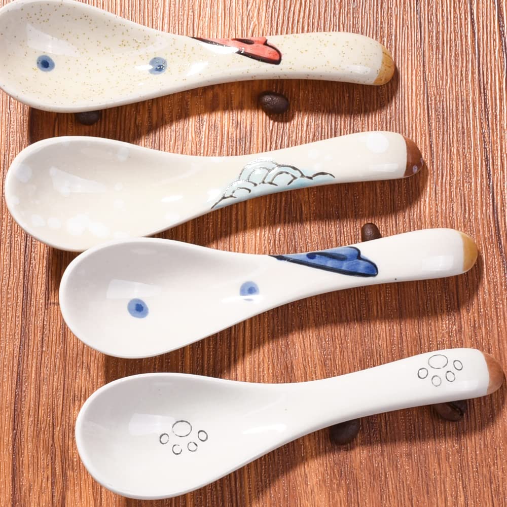 Swlthwen Ceramic Soup Spoons Set of 4, Porcelain Japanese Ramen Spoons for Ramen Pho Dessert Ice Cream Wonton Beige