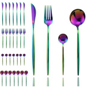 jashii 32 pieces silverware set, flatware set stainless steel cutlery set service for 1,include knife/fork/spoon,mirror polished (rainbow)