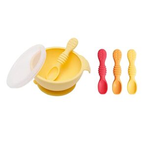 bumkins baby bowl, silicone feeding set with suction for baby and toddler, includes 4 spoons and lid, first feeding set, training essentials for baby led weaning for babies 4 months up, pineapple