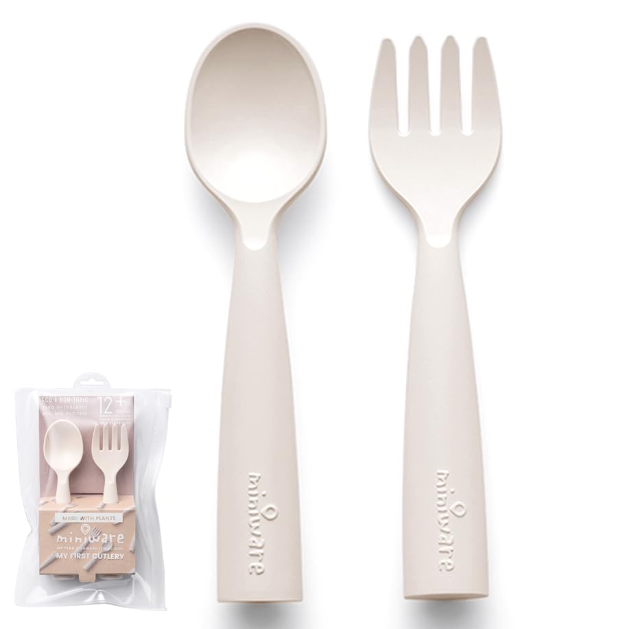 Miniware My First Cutlery Set with Training Spoon and Fork for Baby Toddler Kids – Promotes Self Feeding | Modern and Durable Design | Dishwasher Safe (Vanilla)