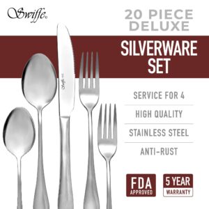 20 Piece 18/10 Stainless Steel Silverware Set - Multipurpose Flatware Utensils for Party, Wedding, Restaurant, Home Dining, Elegant Mirror Finish - Durable, Dishwasher Safe - Service for 4 - by Swiffe