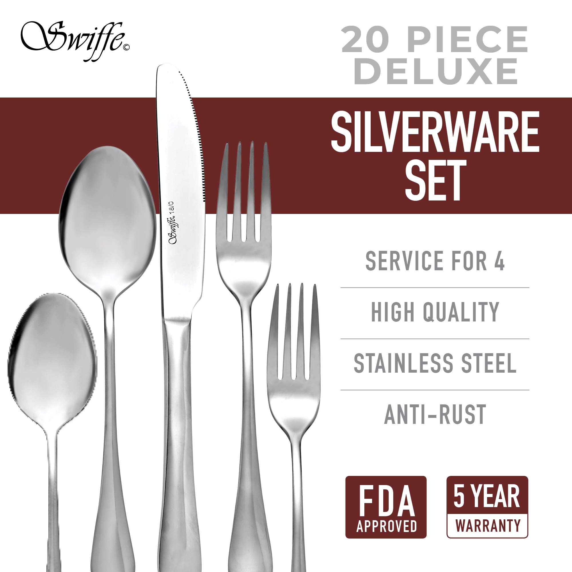 20 Piece 18/10 Stainless Steel Silverware Set - Multipurpose Flatware Utensils for Party, Wedding, Restaurant, Home Dining, Elegant Mirror Finish - Durable, Dishwasher Safe - Service for 4 - by Swiffe