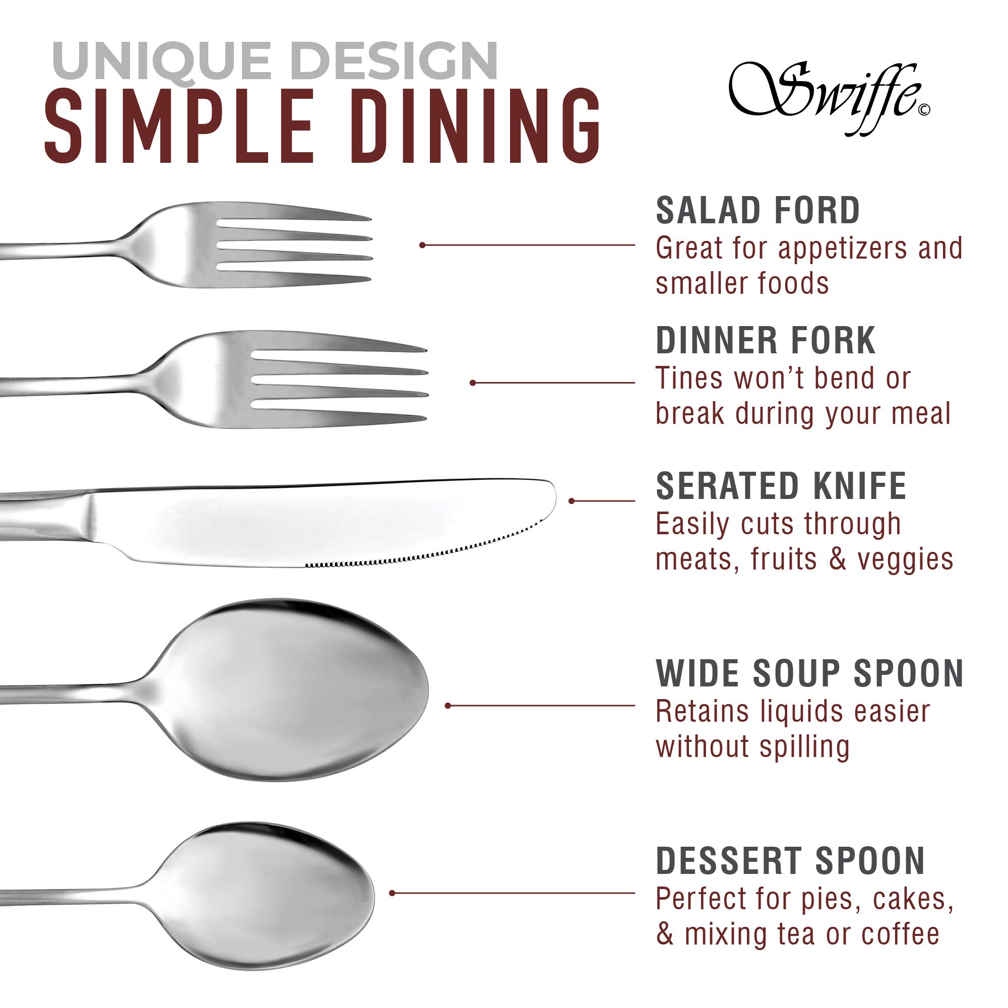 20 Piece 18/10 Stainless Steel Silverware Set - Multipurpose Flatware Utensils for Party, Wedding, Restaurant, Home Dining, Elegant Mirror Finish - Durable, Dishwasher Safe - Service for 4 - by Swiffe