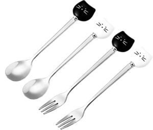 cute cat coffee spoon and fork set, ceramic stainless steel cat dessert spoon drink spoons fruit fork, 5.7/7.2 inch (5.7 inch, white&black(spoon+fork set a))