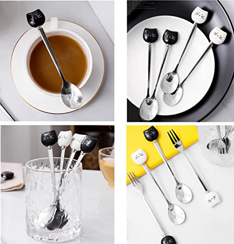Cute Cat Coffee Spoon and Fork Set, Ceramic Stainless Steel Cat Dessert spoon Drink Spoons Fruit Fork, 5.7/7.2 Inch (5.7 inch, White&Black(Spoon+Fork Set A))