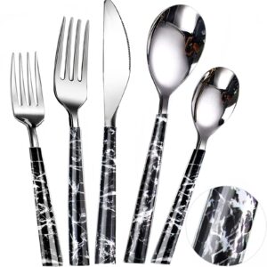 20 pieces stainless steel silverware set of 4,ljli flatware tableware cutlery modern black marble eating utensils mirror polished for home/restaurant - include spoons,forks,knifes, dishwasher safe.