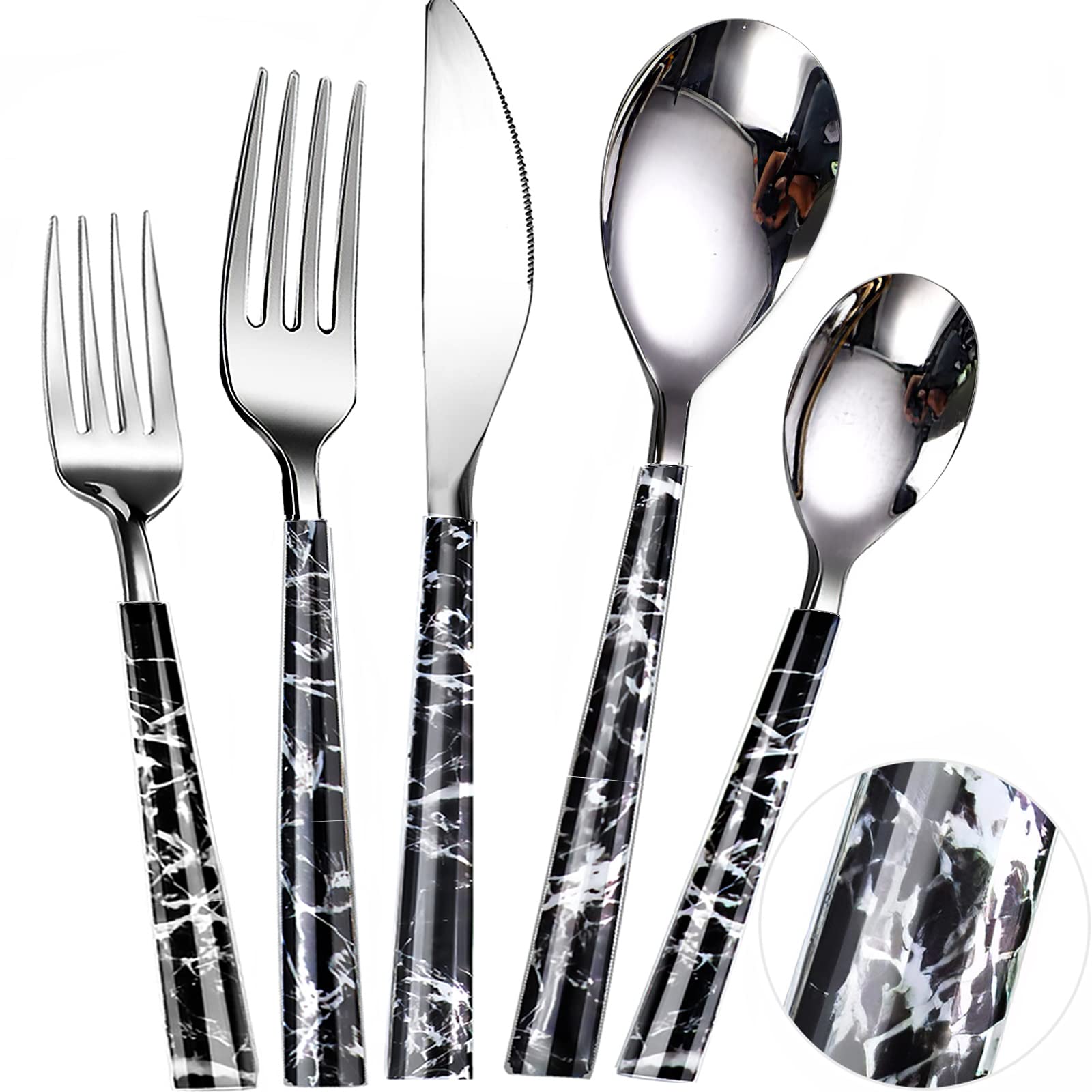 20 Pieces Stainless Steel Silverware Set of 4,LjLi Flatware Tableware Cutlery Modern Black Marble Eating Utensils Mirror Polished for Home/Restaurant - Include Spoons,Forks,Knifes, Dishwasher Safe.