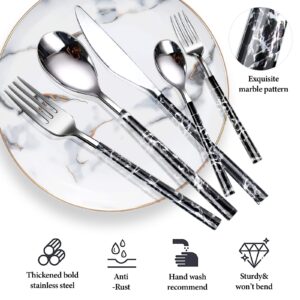 20 Pieces Stainless Steel Silverware Set of 4,LjLi Flatware Tableware Cutlery Modern Black Marble Eating Utensils Mirror Polished for Home/Restaurant - Include Spoons,Forks,Knifes, Dishwasher Safe.