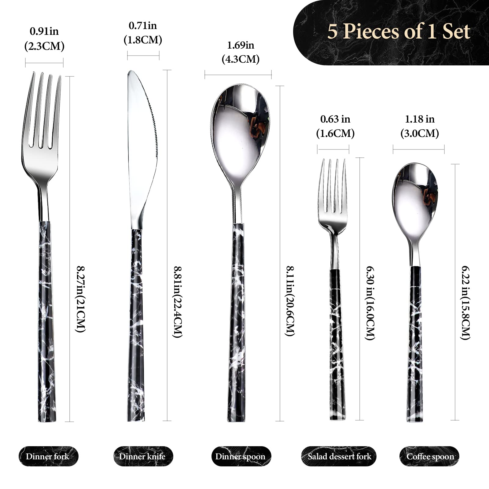 20 Pieces Stainless Steel Silverware Set of 4,LjLi Flatware Tableware Cutlery Modern Black Marble Eating Utensils Mirror Polished for Home/Restaurant - Include Spoons,Forks,Knifes, Dishwasher Safe.