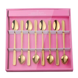 YDware Long Handle Ice Tea Spoons, 7.87 Inches Coffee Spoon, 18/10 Stainless Steel Long Spoon, Ice Cream Spoon, Cocktail Stirring Spoons, Gold Set of 8 in Pink Gift Box