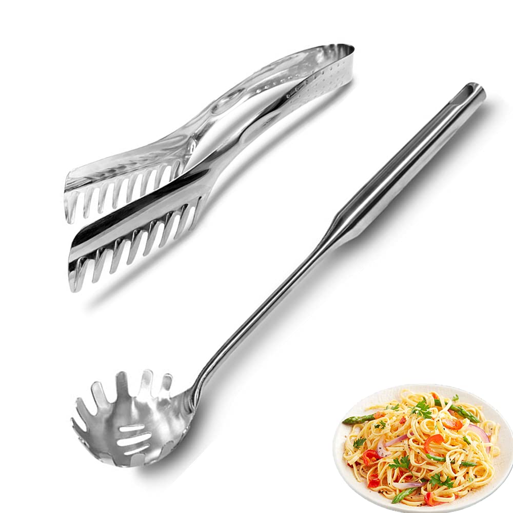 IAXSEE 2 Pieces Stainless Steel Spaghetti Pasta Sever Set, Stainless Steel Spaghetti Spoon & Pasta Tongs, Heat Resistant Pasta maker tool for Noodles Pasta Spaghetti Cooking Baking (silver)