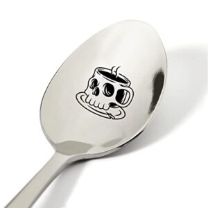 coffee lovers gift ideas,skull coffee cup pattern spoon engraved stainless steel funny present, novelty spoon gifts for men women birthday xmas (7.5")