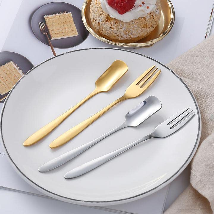 Dessert Forks Spoon Set, Gold 10 Forks & 10 Spoons for Coffee Mini Cake, Salad Fruit Forks Kitchen Food Serving Set