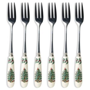 spode christmas tree collection pastry forks, set of 6, stainless steel fork, porcelain handle, 6-inch salad, spaghetti, appetizer, and dessert fork, holiday silverware