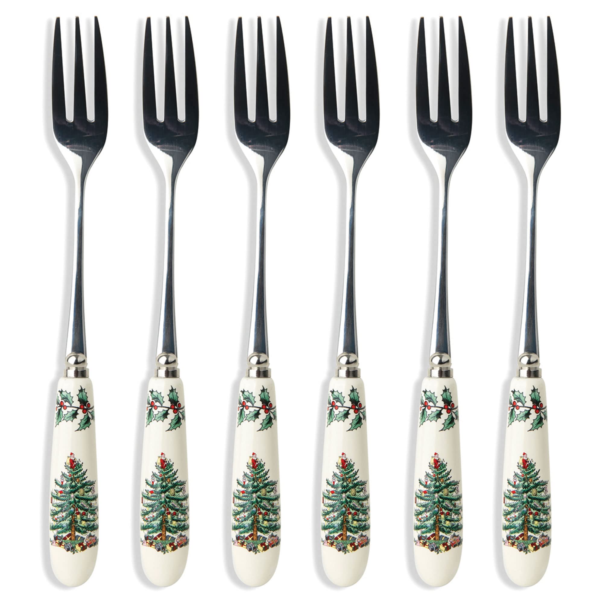 Spode Christmas Tree Collection Pastry Forks, Set of 6, Stainless Steel Fork, Porcelain Handle, 6-Inch Salad, Spaghetti, Appetizer, and Dessert Fork, Holiday Silverware