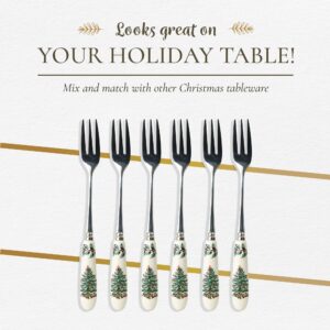 Spode Christmas Tree Collection Pastry Forks, Set of 6, Stainless Steel Fork, Porcelain Handle, 6-Inch Salad, Spaghetti, Appetizer, and Dessert Fork, Holiday Silverware