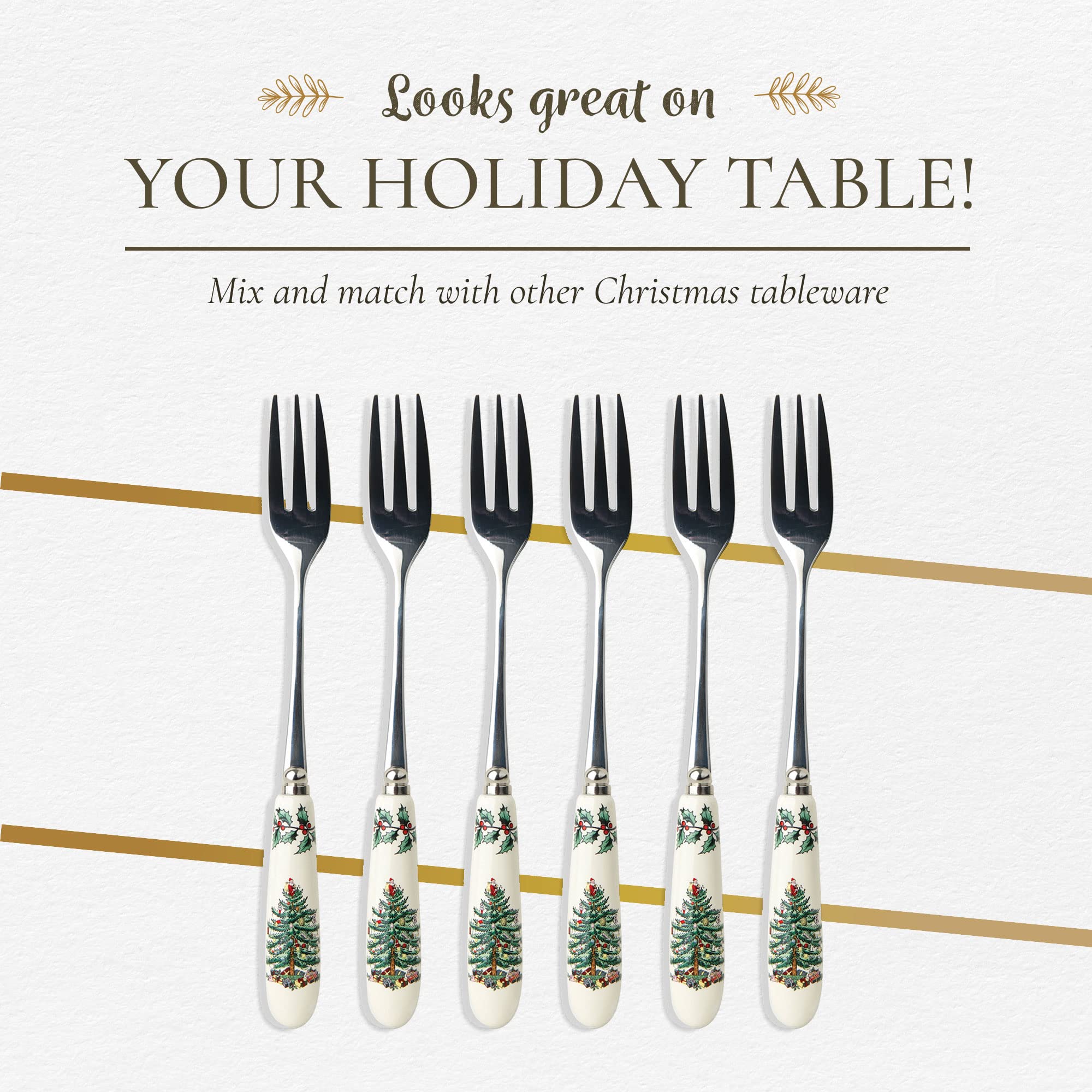 Spode Christmas Tree Collection Pastry Forks, Set of 6, Stainless Steel Fork, Porcelain Handle, 6-Inch Salad, Spaghetti, Appetizer, and Dessert Fork, Holiday Silverware