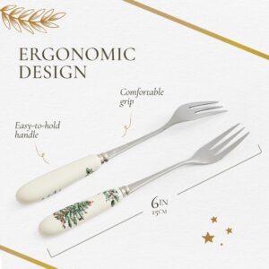 Spode Christmas Tree Collection Pastry Forks, Set of 6, Stainless Steel Fork, Porcelain Handle, 6-Inch Salad, Spaghetti, Appetizer, and Dessert Fork, Holiday Silverware