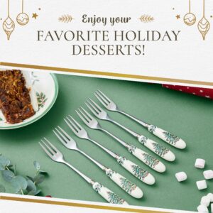 Spode Christmas Tree Collection Pastry Forks, Set of 6, Stainless Steel Fork, Porcelain Handle, 6-Inch Salad, Spaghetti, Appetizer, and Dessert Fork, Holiday Silverware