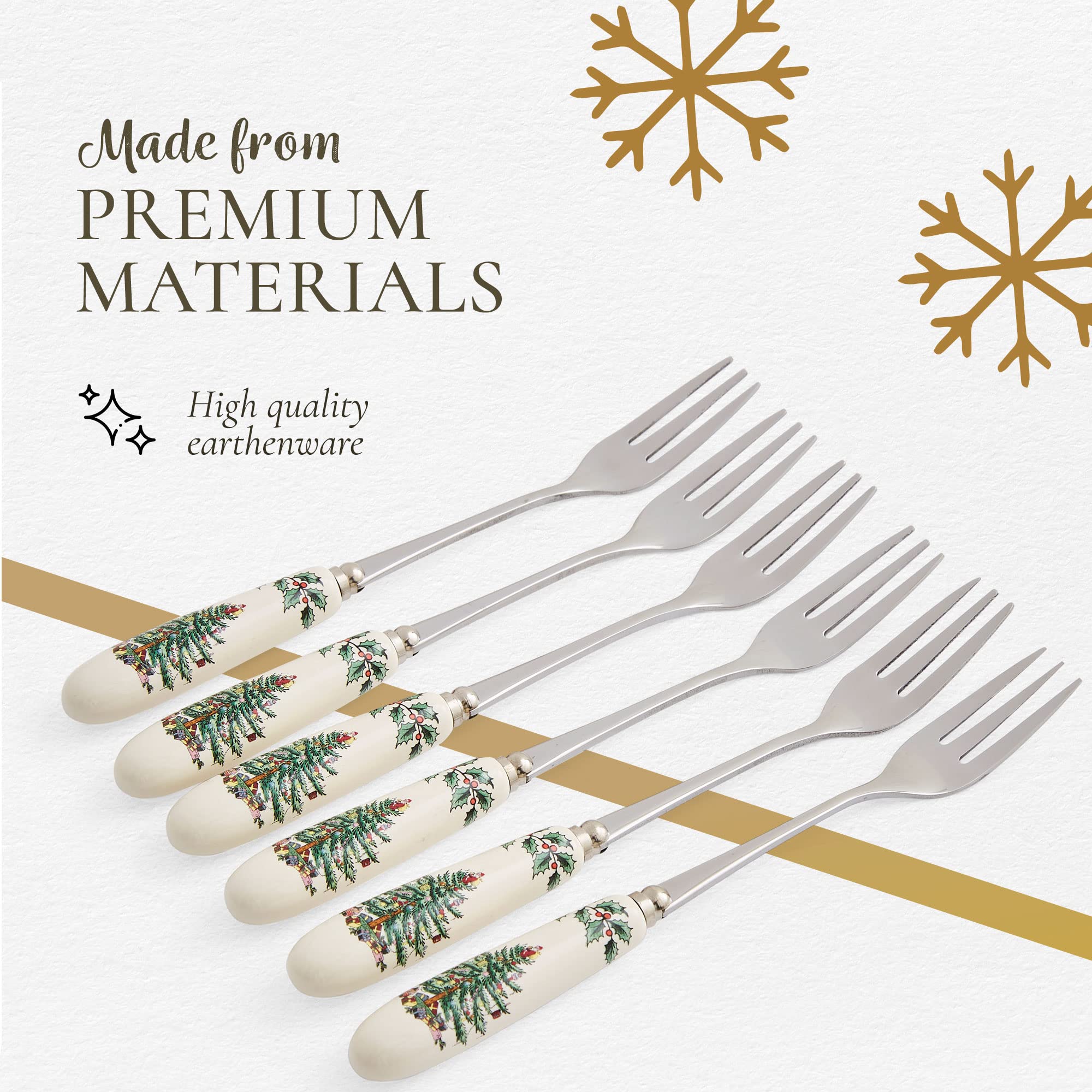 Spode Christmas Tree Collection Pastry Forks, Set of 6, Stainless Steel Fork, Porcelain Handle, 6-Inch Salad, Spaghetti, Appetizer, and Dessert Fork, Holiday Silverware