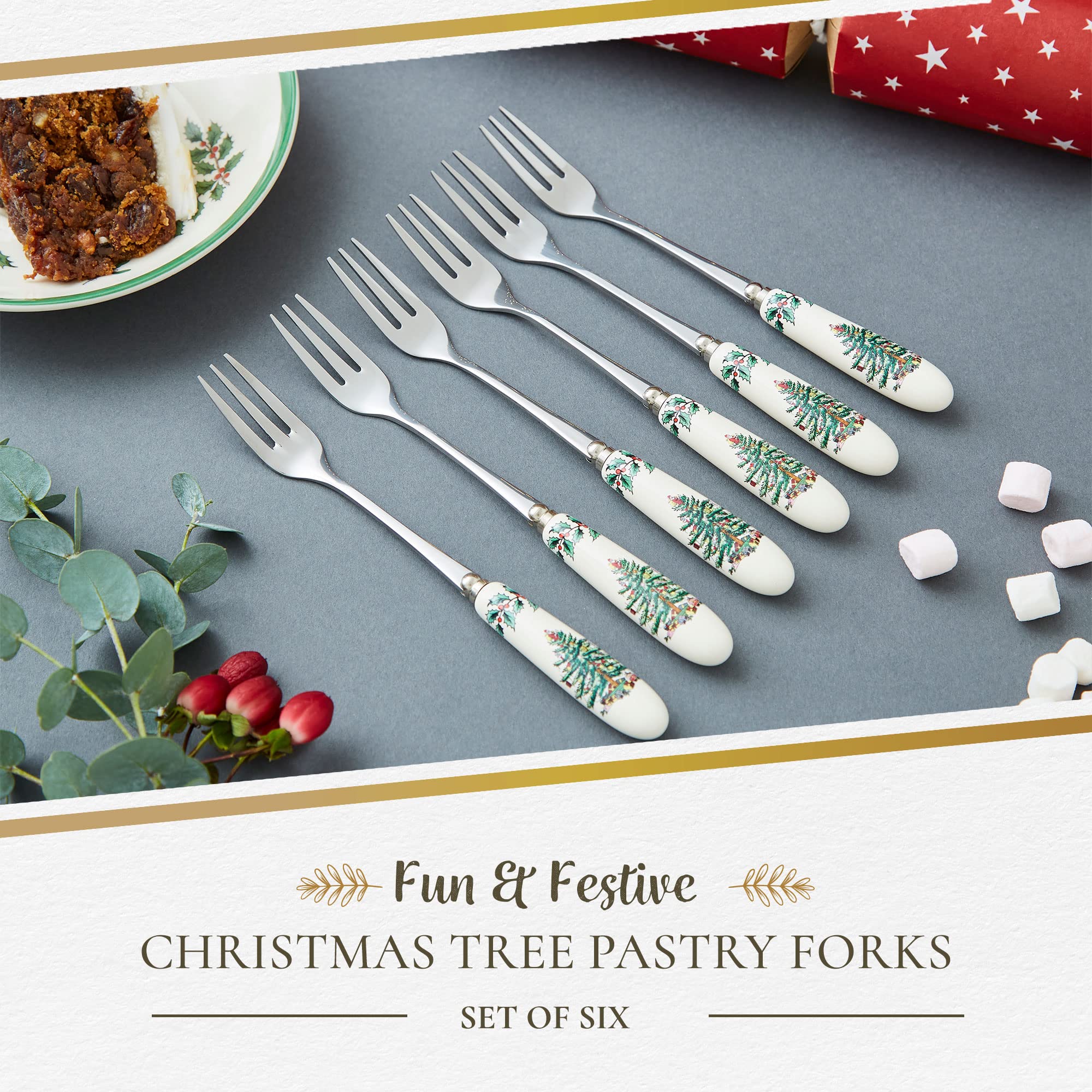 Spode Christmas Tree Collection Pastry Forks, Set of 6, Stainless Steel Fork, Porcelain Handle, 6-Inch Salad, Spaghetti, Appetizer, and Dessert Fork, Holiday Silverware