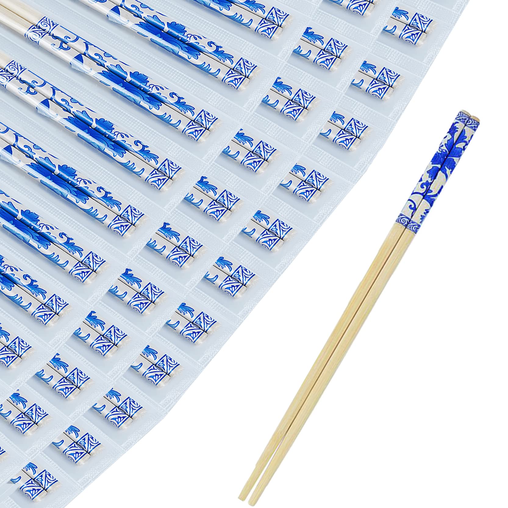 AOSWTLIF 100 Pairs Chopsticks, Blue and White Porcelain Bamboo Chopsticks, Individually Packaged Disposable Chopsticks，Best for Sushi, Noodles and Asian Food