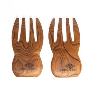 rainforest bowls javanese teak wood salad serving hands w/knob handles - perfect for mixing, tossing & serving salad - ultra-durable- premium wooden design handcrafted by indonesian artisans