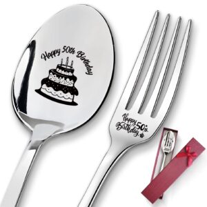 2 pieces happy 50th birthday stainless engraved spoon fork set, 50 years old long handle dinner spoop fork set gift for dad mom uncle aunt sister brother birthday christmas