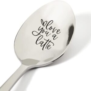 TyM Love you a latte Engraved Stainless Steel spoon for coffee tea cereal ice cream - Engraved gift for him/her - 7 inch Sturdy handle and food safe engraving