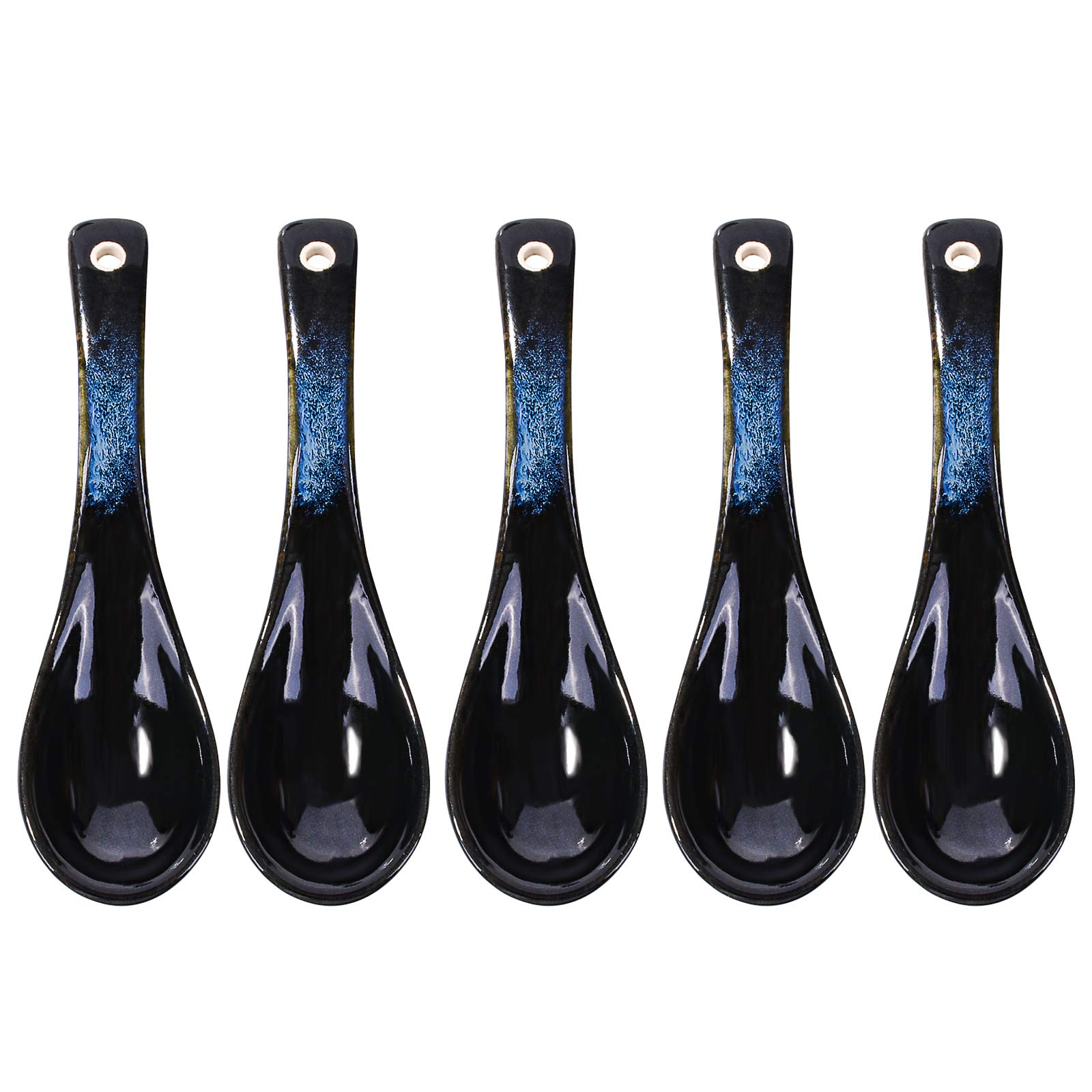 Japanese Soup Spoon set of 5, Blue and Black Vintage Spoon for Oat Wonton Salad Ramen Noodle Udon