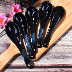 Japanese Soup Spoon set of 5, Blue and Black Vintage Spoon for Oat Wonton Salad Ramen Noodle Udon