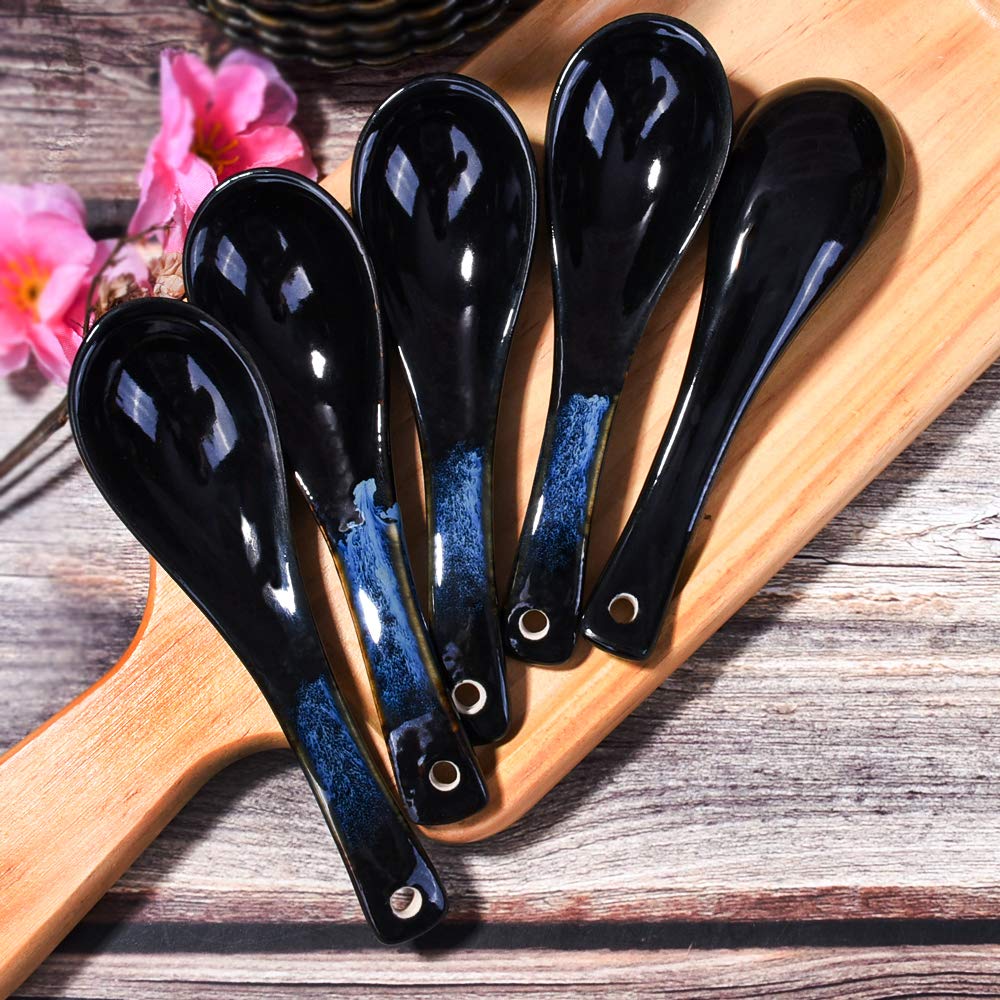 Japanese Soup Spoon set of 5, Blue and Black Vintage Spoon for Oat Wonton Salad Ramen Noodle Udon