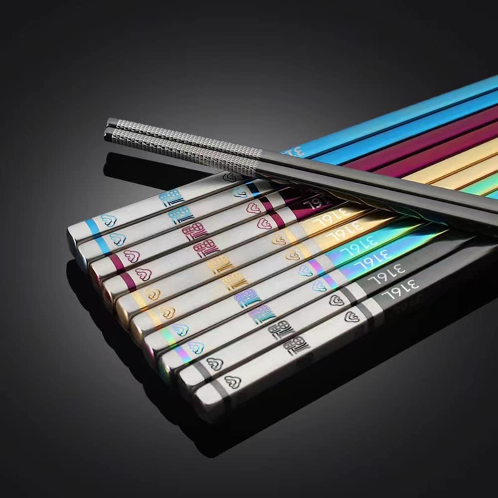 Hvanam 5 PaIrs Color 316 Stainless Steel 18/10 Reusable Chopsticks Set With Case Rainbow Multicolor Non-Slip Chopsticks Black Purple Gold Colored Blue For Dining Sushi Noodle Hot Pot,Dishwasher Safe