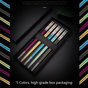 Hvanam 5 PaIrs Color 316 Stainless Steel 18/10 Reusable Chopsticks Set With Case Rainbow Multicolor Non-Slip Chopsticks Black Purple Gold Colored Blue For Dining Sushi Noodle Hot Pot,Dishwasher Safe