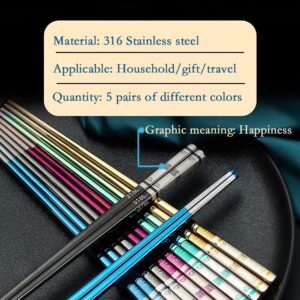 Hvanam 5 PaIrs Color 316 Stainless Steel 18/10 Reusable Chopsticks Set With Case Rainbow Multicolor Non-Slip Chopsticks Black Purple Gold Colored Blue For Dining Sushi Noodle Hot Pot,Dishwasher Safe