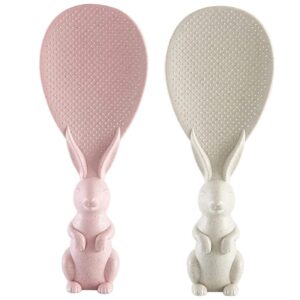 YunQin 2Pcs Creative Cute Rabbit Non-Stick Rice Scoop,Bunny Shape Standable Rice Scooper,Household Rice Cooker Rice Spoon,Cartoon Rice Spoon(Pink+Beige)