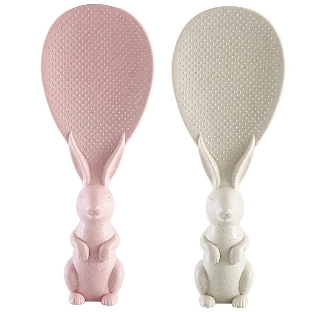 YunQin 2Pcs Creative Cute Rabbit Non-Stick Rice Scoop,Bunny Shape Standable Rice Scooper,Household Rice Cooker Rice Spoon,Cartoon Rice Spoon(Pink+Beige)