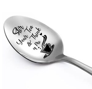 family kitchen funny stir your tea and think of me engraved stainless steel coffee tea spoon, coffee tea lover gift for husband wife couple birthday valentine anniversary christmas gift