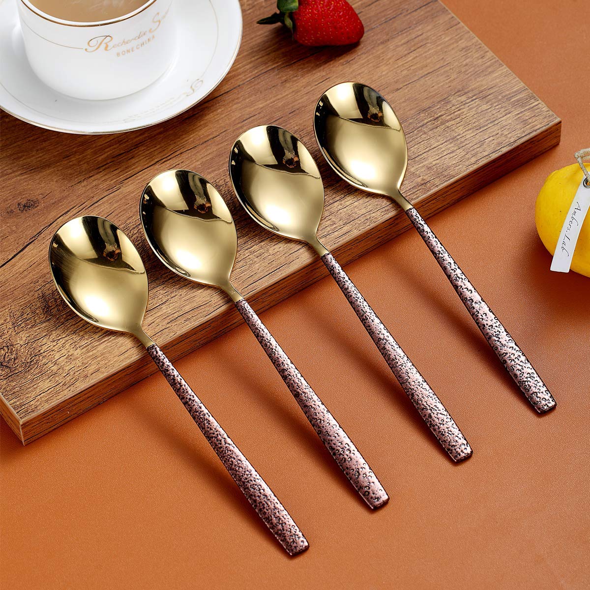 Berglander Dinner Spoon Set Of 4 With Moon Surface Handle And Shiny Gold Head, Stainless Steel Spoons Silverware Set Dishwasher Safe