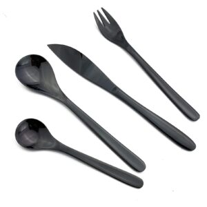 jashii japanese-style stainless steel flatware service for 6, modern sleek design utensils cutlery including knife 24-piece silverware set - shiny black