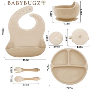 BabyBugz 7 Piece Baby Silicone Feeding Set, Baby Led Weaning Supplies with Silicone Suction Baby Bowls, Baby Silicone Plate With Suction and Baby Bibs, Baby Essentials Led Weaning Utensils (Sand)